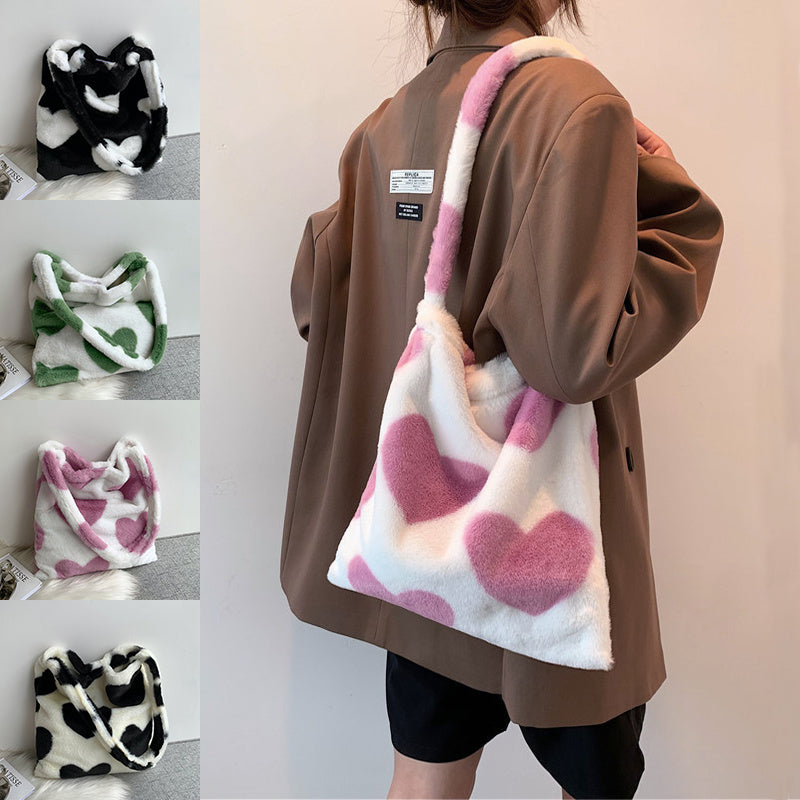 Love Heart Shoulder Bags - Winter Plush Shopping Bags for Women