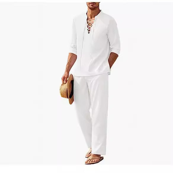 Chemise Henley européenne et américaine - Coton-lin Plage Décontractée