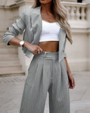 Fashion Striped Suit: Casual Lapel Crop Top & Straight Pants Set for Women