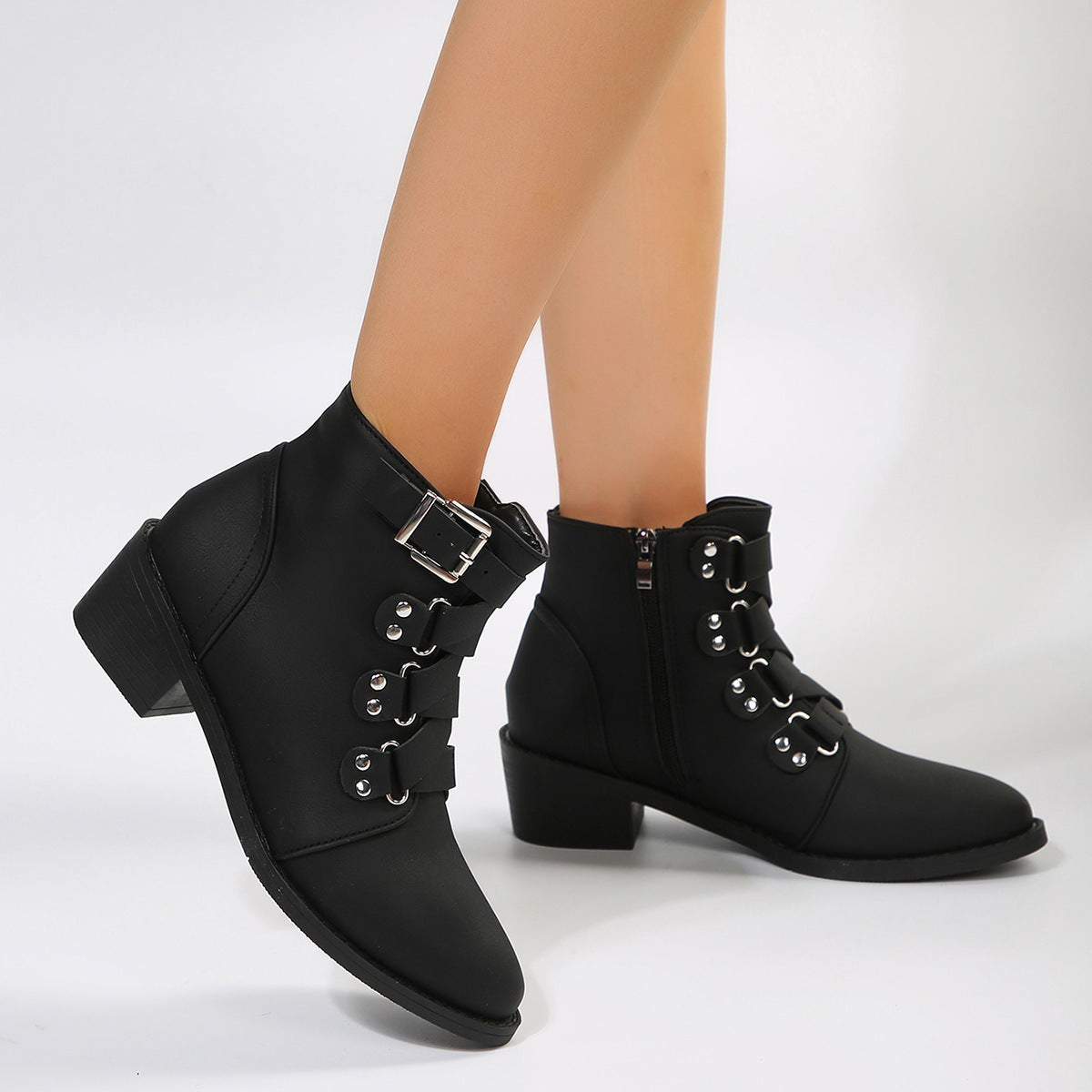 Pointed Toe Ankle Boots: Zippered Knight Boots with Belt Buckle