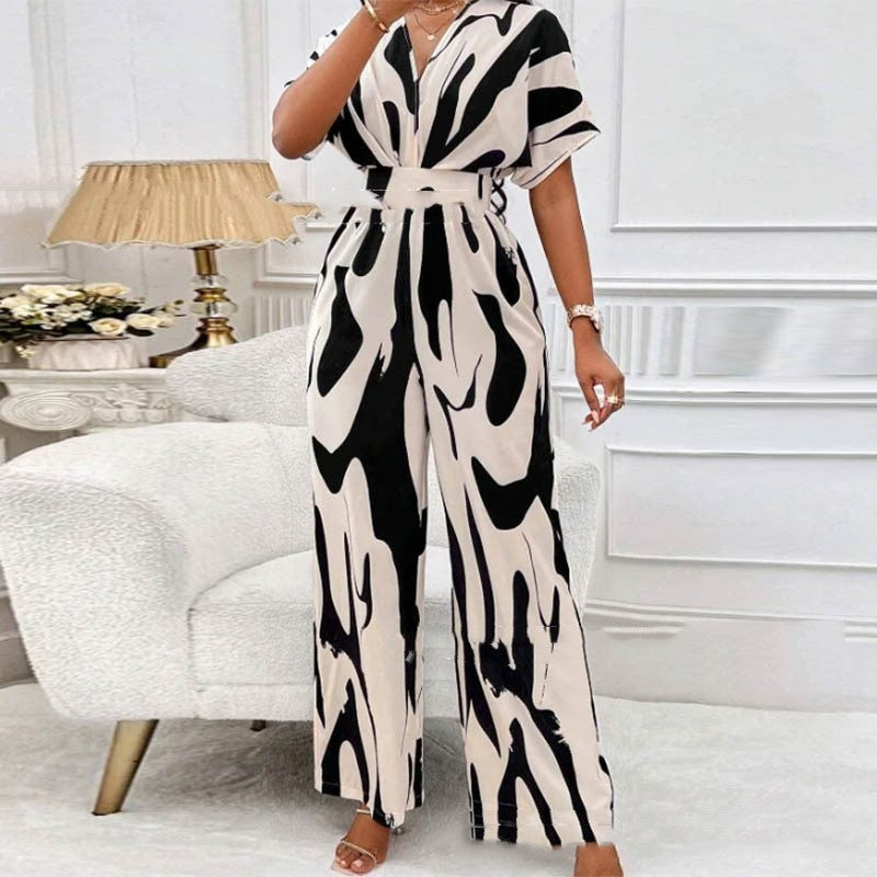 V-Neck Printed Jumpsuit: Loose and Stylish