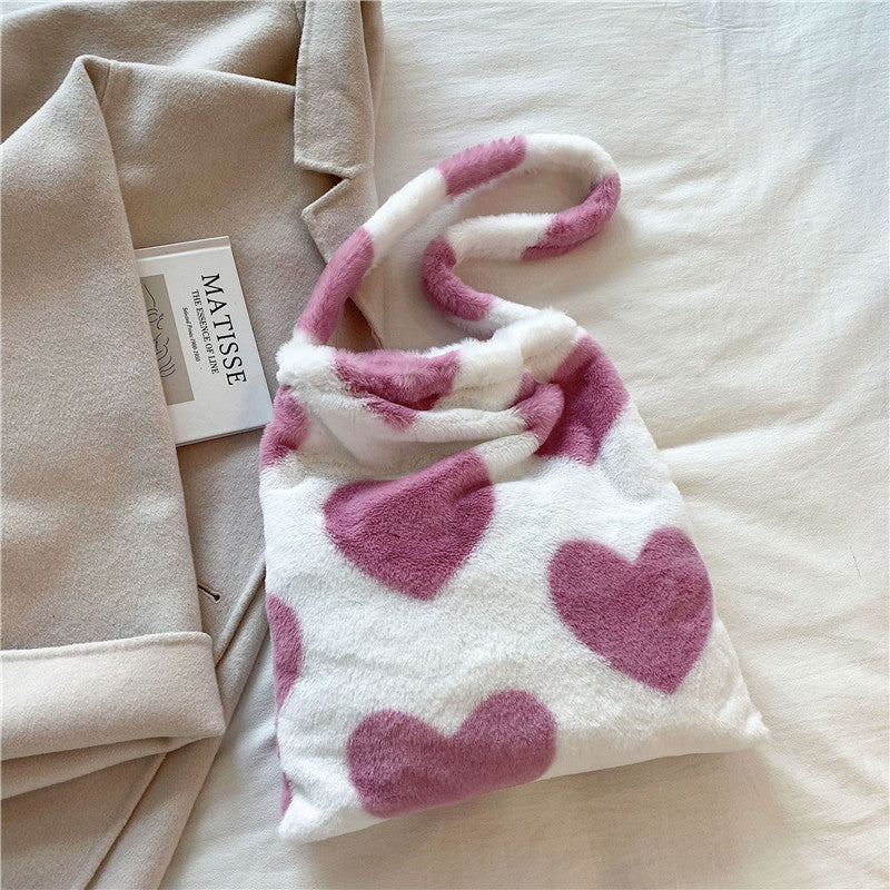 Love Heart Shoulder Bags - Winter Plush Shopping Bags for Women