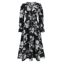 V-Neck Floral Dress: Waist-Trimming Lace-Up with Long Sleeves