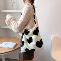 Love Heart Shoulder Bags - Winter Plush Shopping Bags for Women