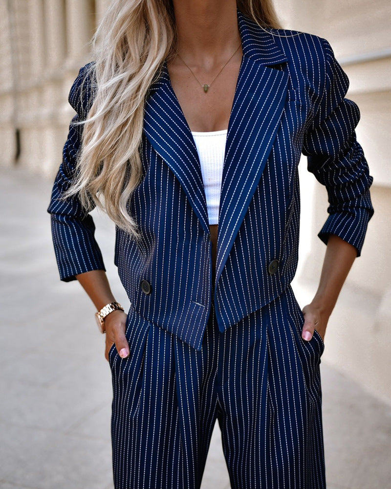 Fashion Striped Suit: Casual Lapel Crop Top & Straight Pants Set for Women