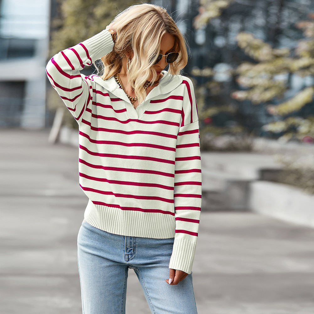 Women's Striped V-Neck Pullover: Casual Color Block Knit for Fall