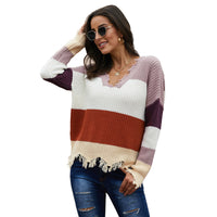 Colorblock V-Neck Sweater: Cotton Asymmetric Pullover with Long Sleeves