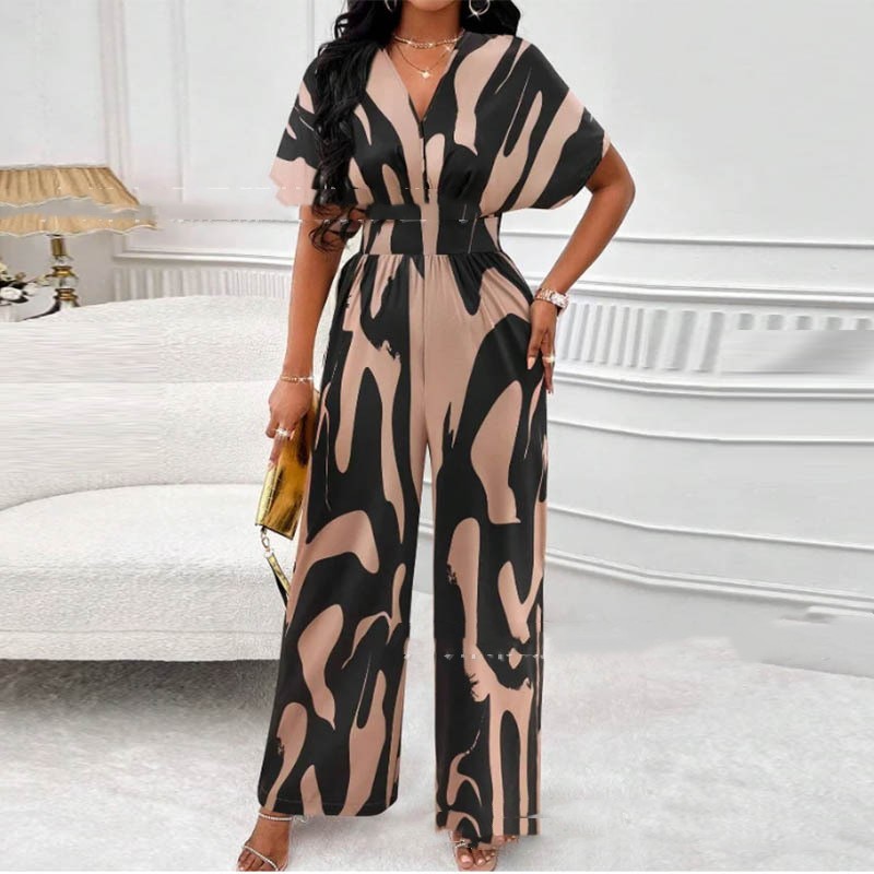 V-Neck Printed Jumpsuit: Loose and Stylish