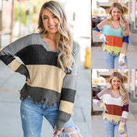 Colorblock V-Neck Sweater: Cotton Asymmetric Pullover with Long Sleeves