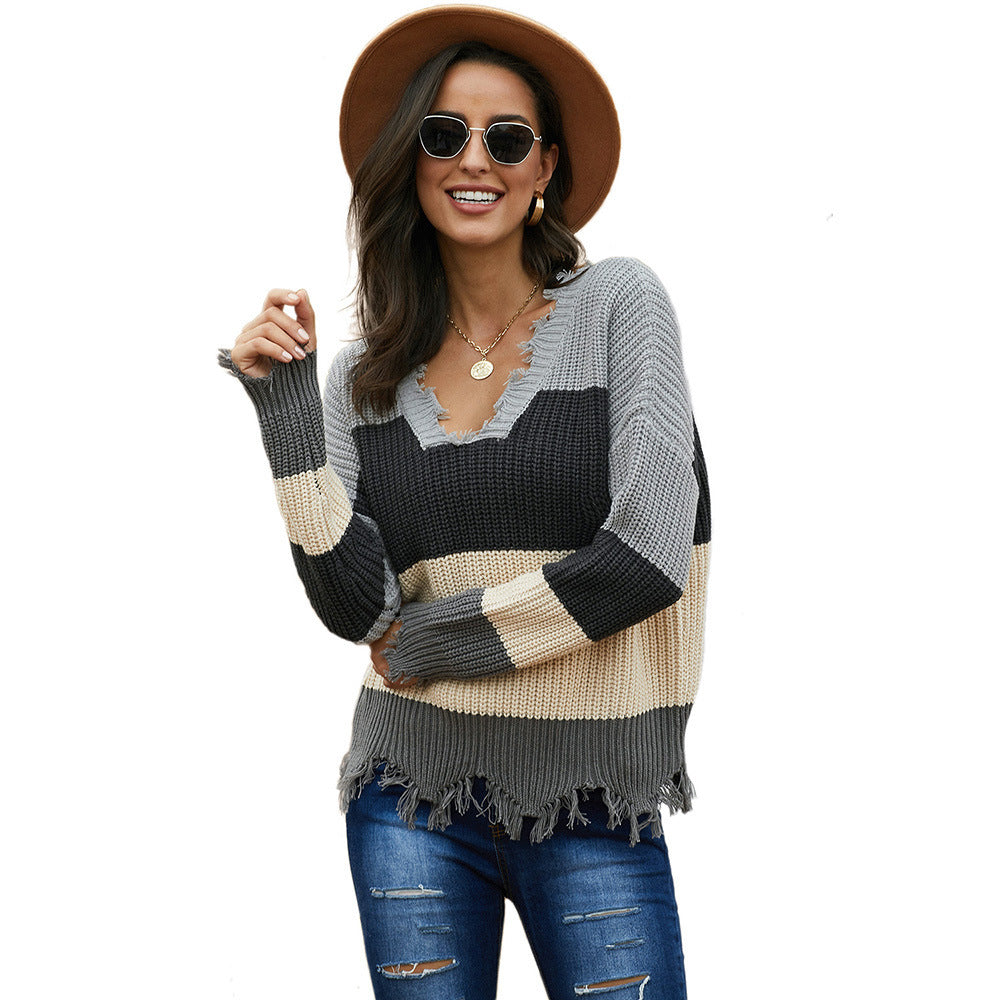 Colorblock V-Neck Sweater: Cotton Asymmetric Pullover with Long Sleeves