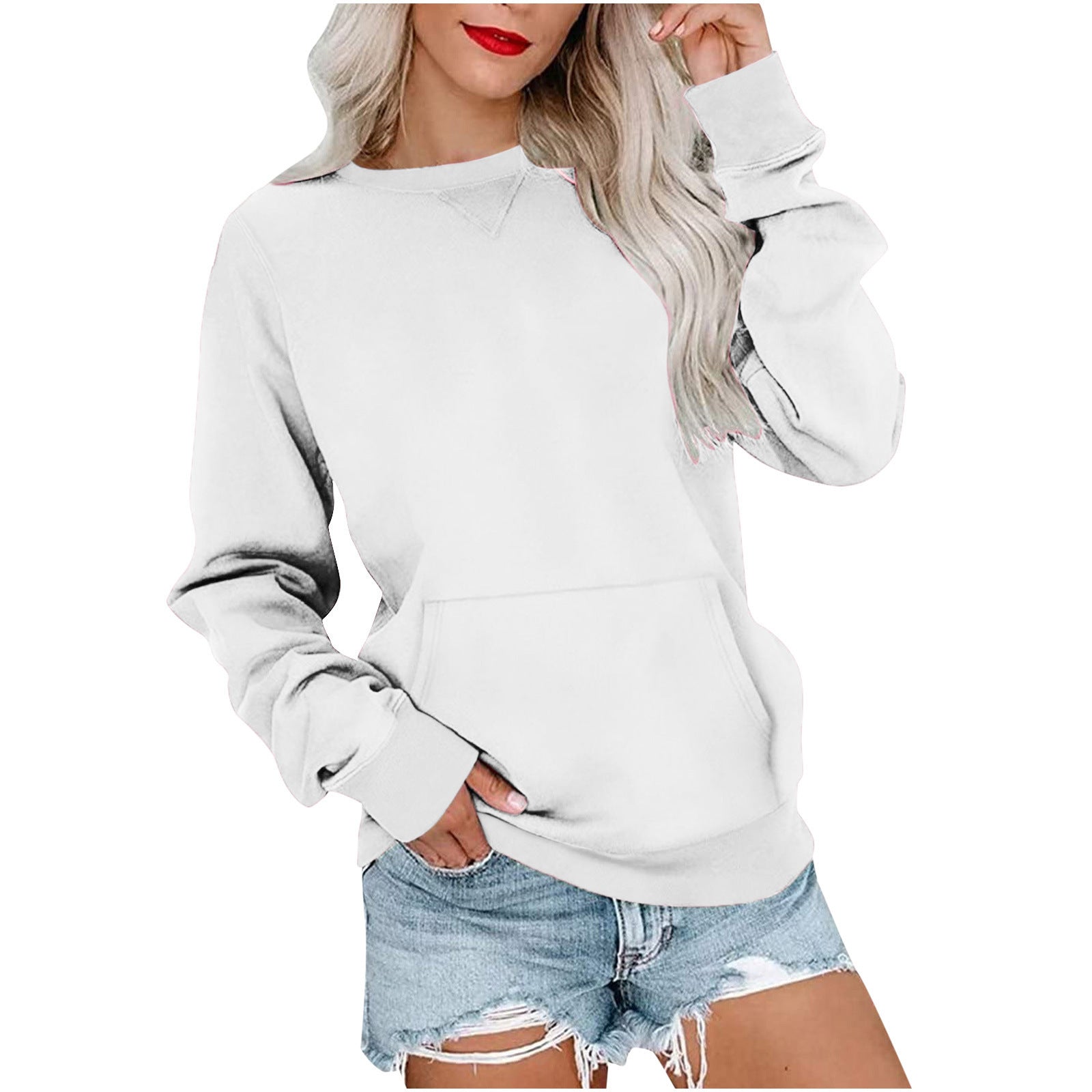 Solid Color Pullover Sweatshirt: Fashionable Loose-Fit with Pocket & Round Neck