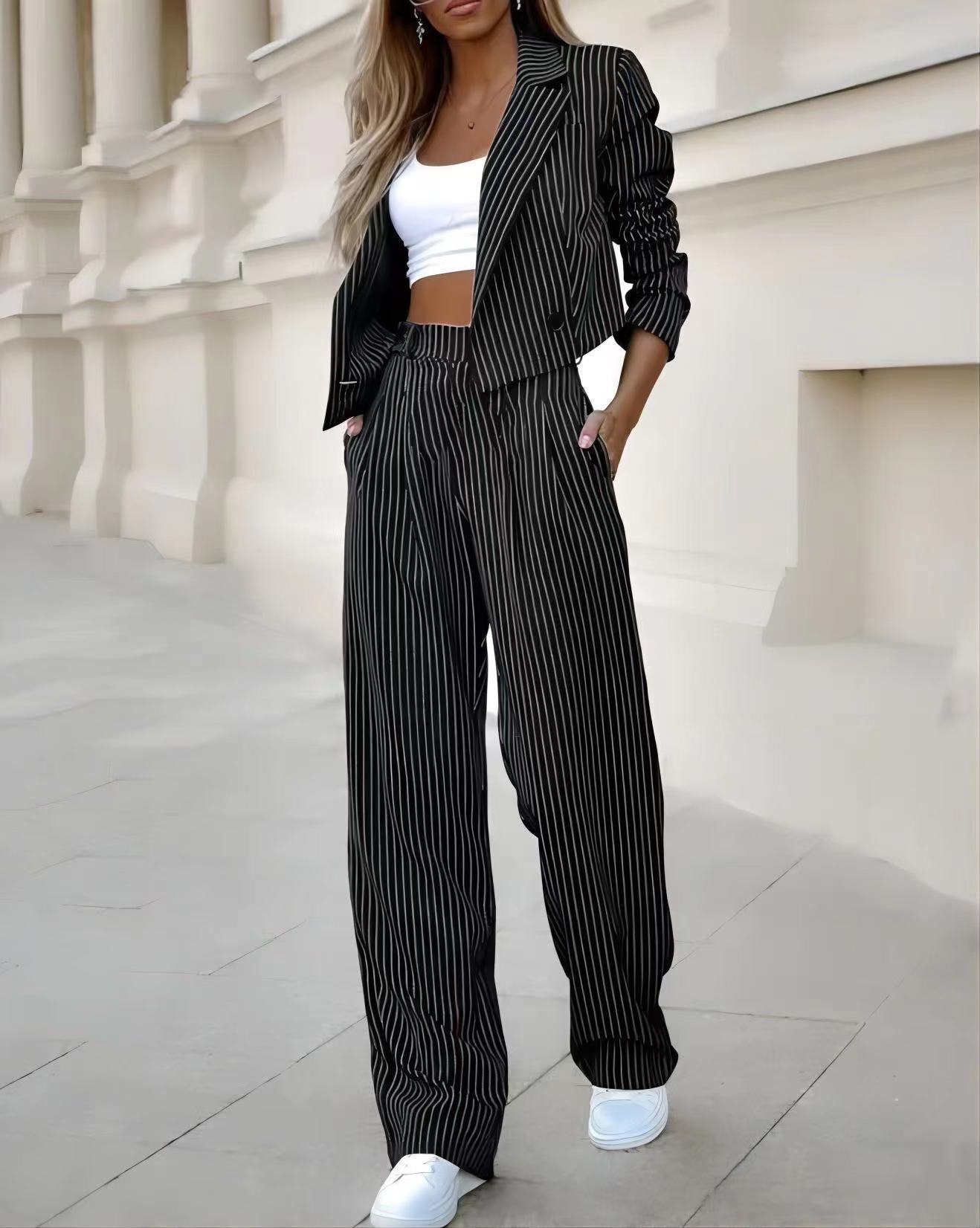 Fashion Striped Suit: Casual Lapel Crop Top & Straight Pants Set for Women