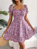 Women's Floral Mini Dress: High-Waist Summer Style with Loose Hem & Short Sleeves