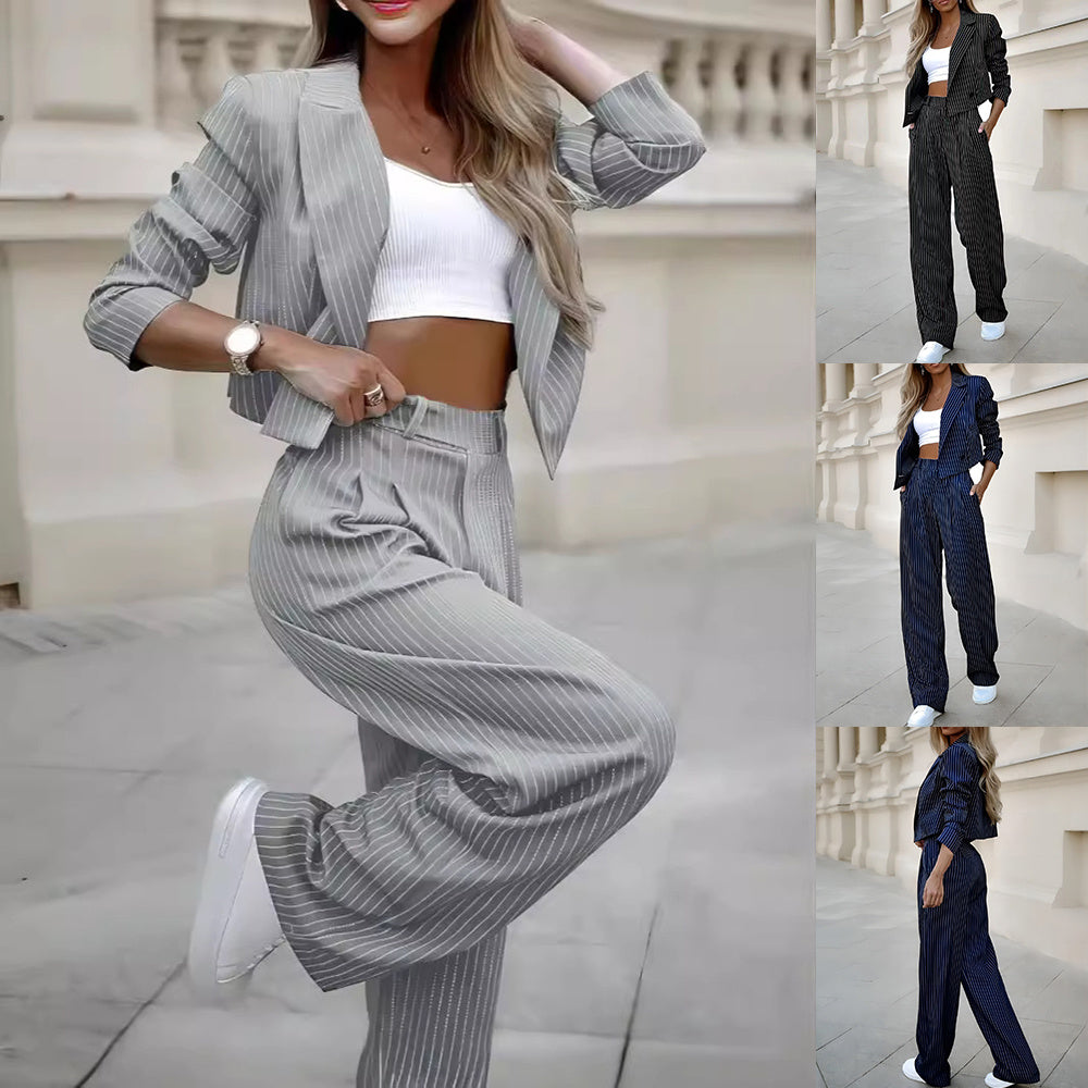 Fashion Striped Suit: Casual Lapel Crop Top & Straight Pants Set for Women