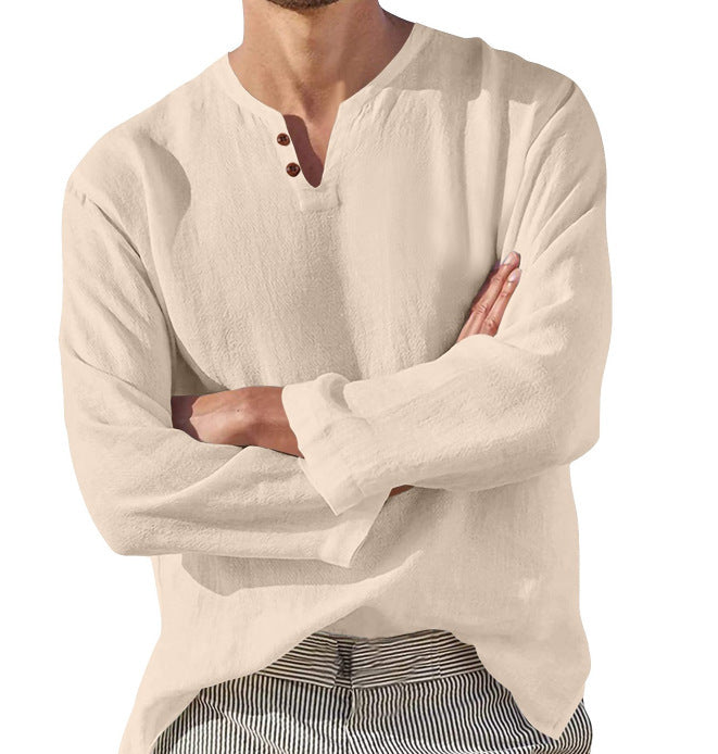 Cotton Linen V-Neck Shirt: Casual, Breathable, Long-Sleeve Beachwear