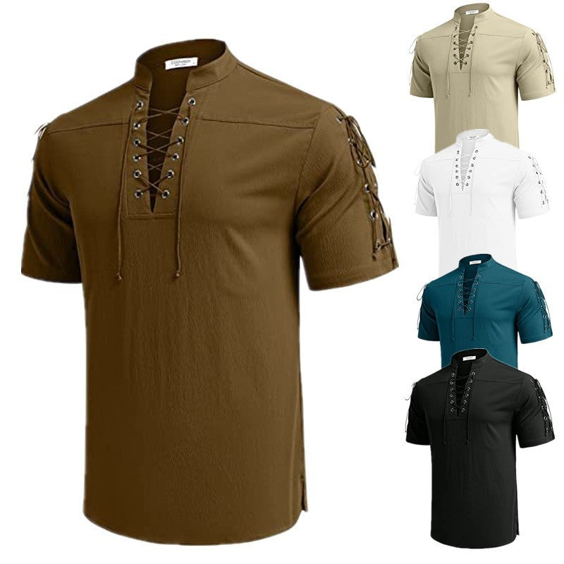 Hippie V-Neck Lace-Up Pirate Shirt - Beach Style