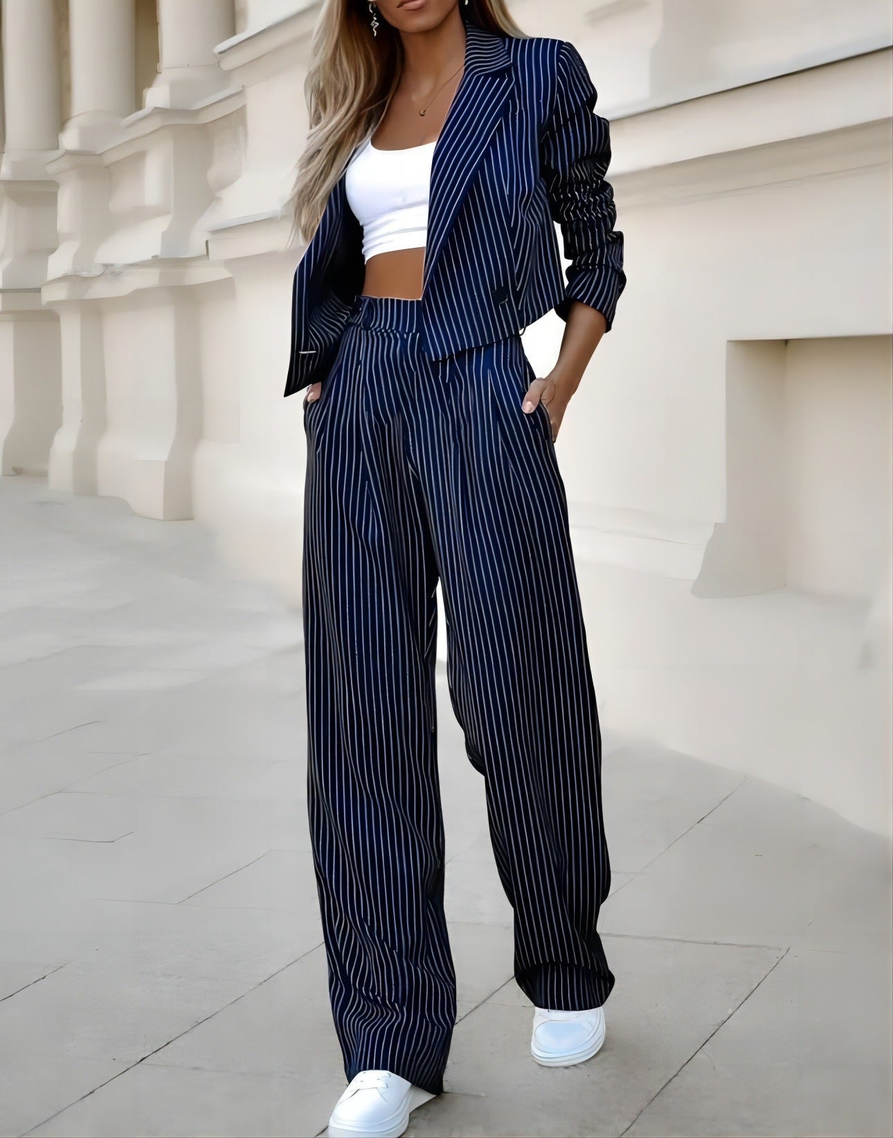 Fashion Striped Suit: Casual Lapel Crop Top & Straight Pants Set for Women