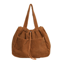 Ins Corduroy Shoulder Bag - Multi-Pocket Drawstring Handbag