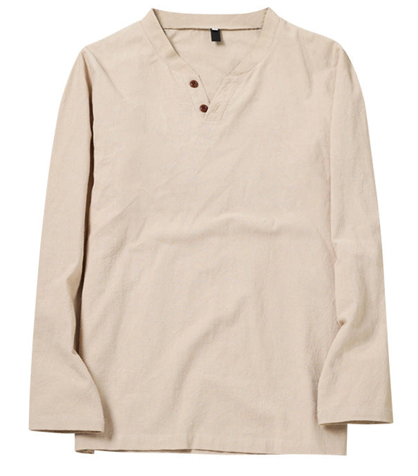 Cotton Linen V-Neck Shirt: Casual, Breathable, Long-Sleeve Beachwear