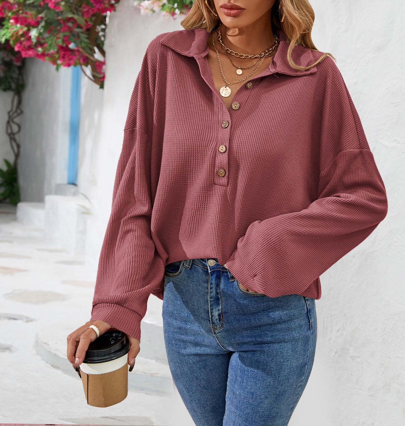 Lapel Button Sweatshirt: Casual Solid Color Pullover for Women