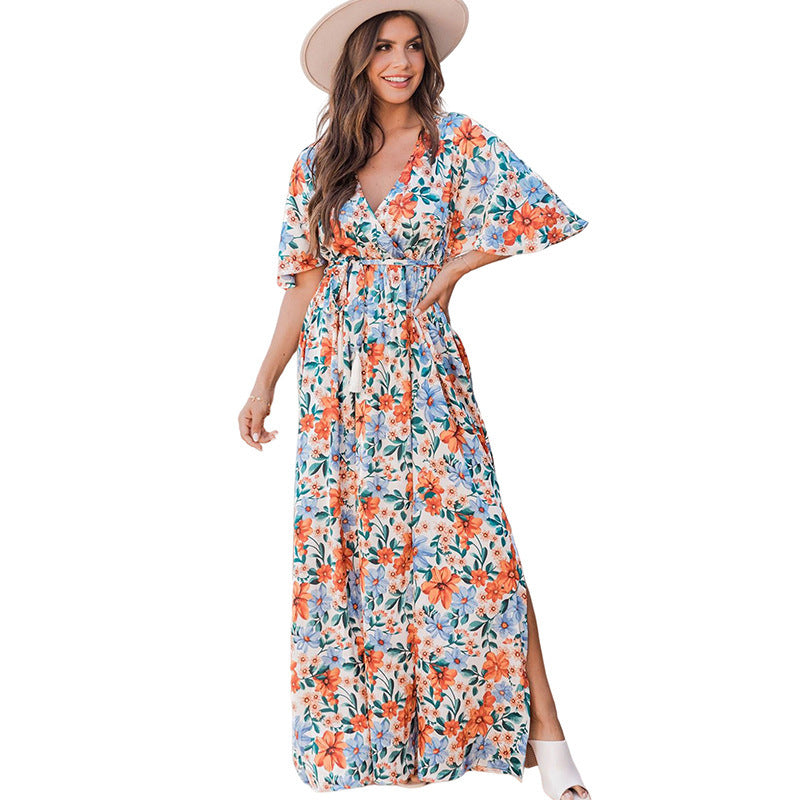 Women's Fashion V-Neck Floral Dress: Elegant Slit Design