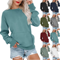 Solid Color Pullover Sweatshirt: Fashionable Loose-Fit with Pocket & Round Neck