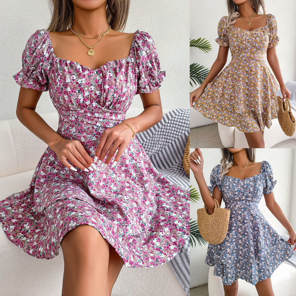 Women's Floral Mini Dress: High-Waist Summer Style with Loose Hem & Short Sleeves