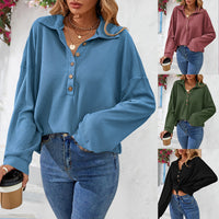 Lapel Button Sweatshirt: Casual Solid Color Pullover for Women