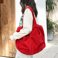 Ins Corduroy Shoulder Bag - Multi-Pocket Drawstring Handbag