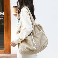 Ins Corduroy Shoulder Bag - Multi-Pocket Drawstring Handbag