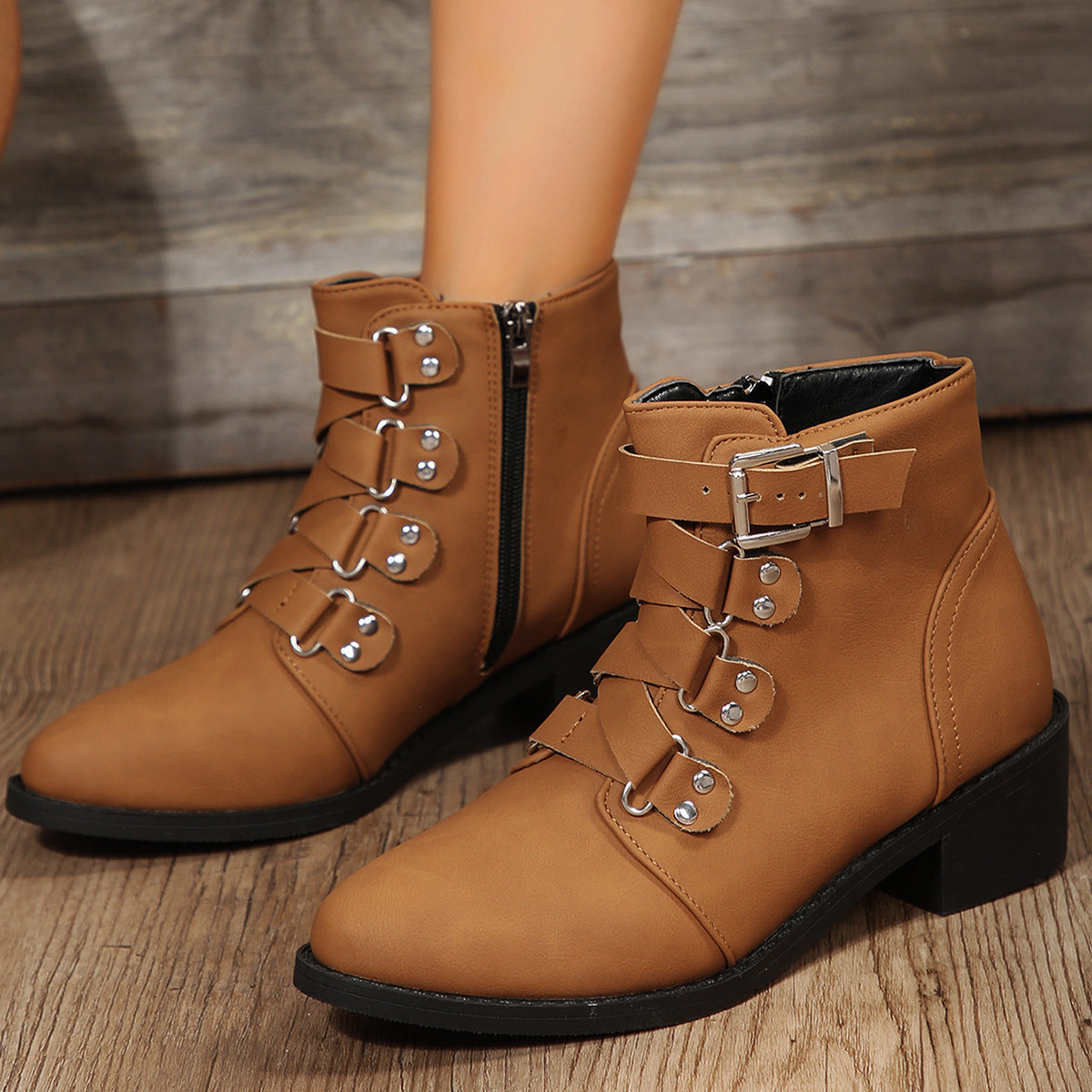 Pointed Toe Ankle Boots: Zippered Knight Boots with Belt Buckle