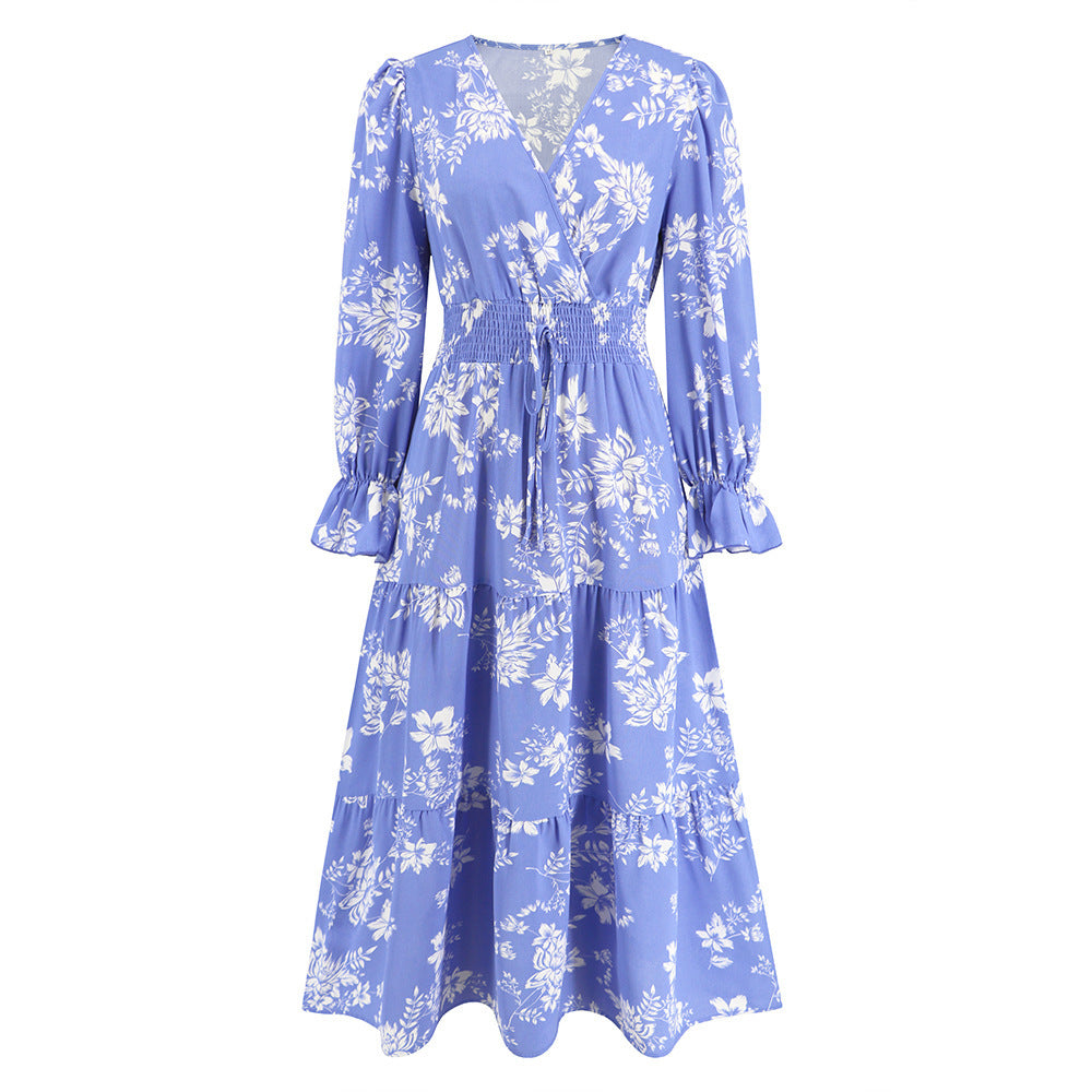 V-Neck Floral Dress: Waist-Trimming Lace-Up with Long Sleeves