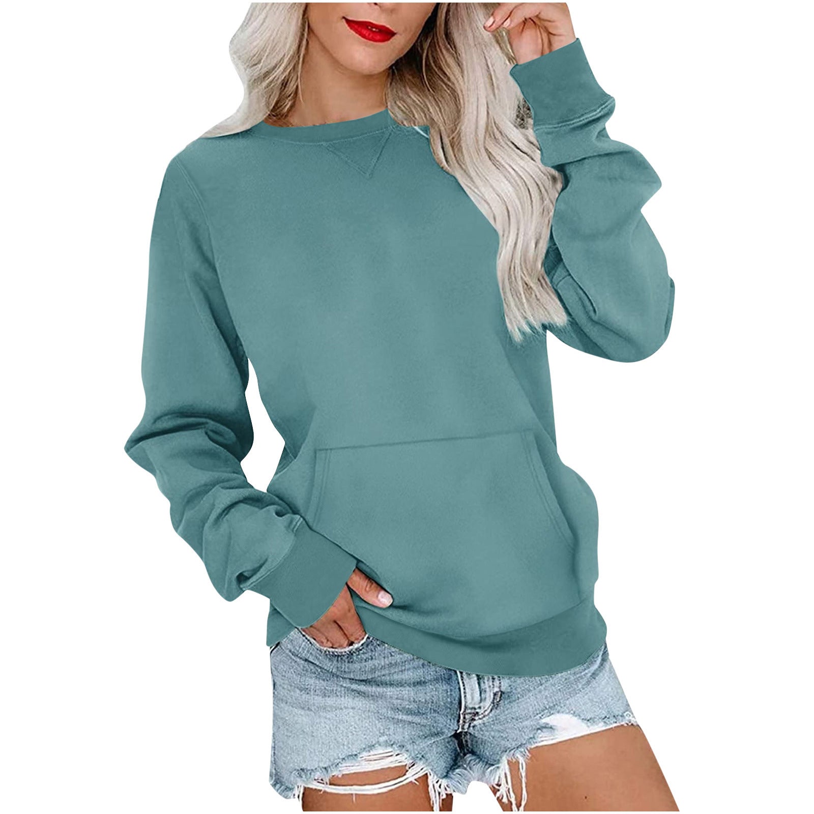 Solid Color Pullover Sweatshirt: Fashionable Loose-Fit with Pocket & Round Neck